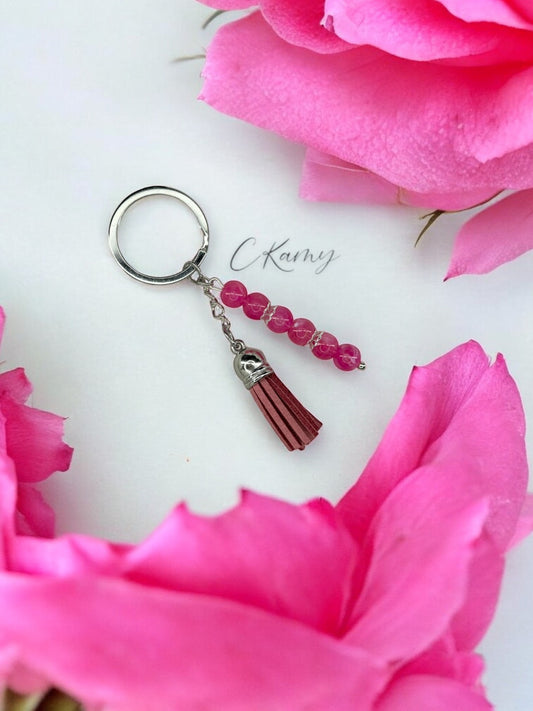 Porte clé personnalisé pompon épais rose anneau rond