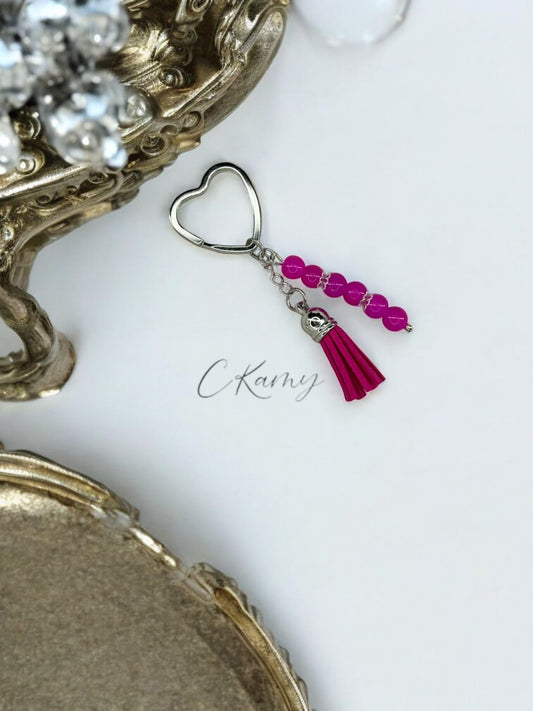 Porte clé personnalisé pompon épais rose flash anneau coeur