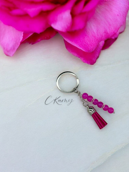 Porte clé personnalisé pompon épais rose flash anneau rond