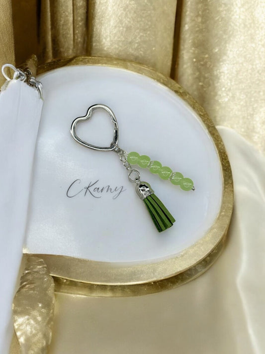 Porte clé personnalisé pompon épais vert kaki anneau coeur
