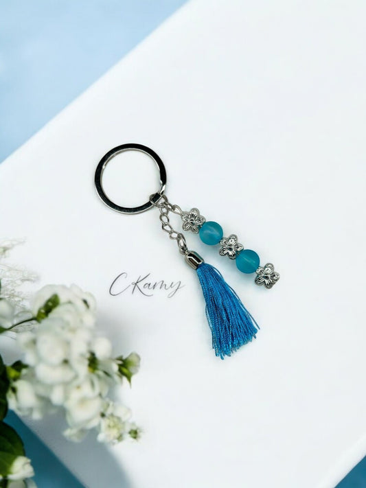 Porte clé personnalisé pompon fin bleu foncé bleu foncé mat