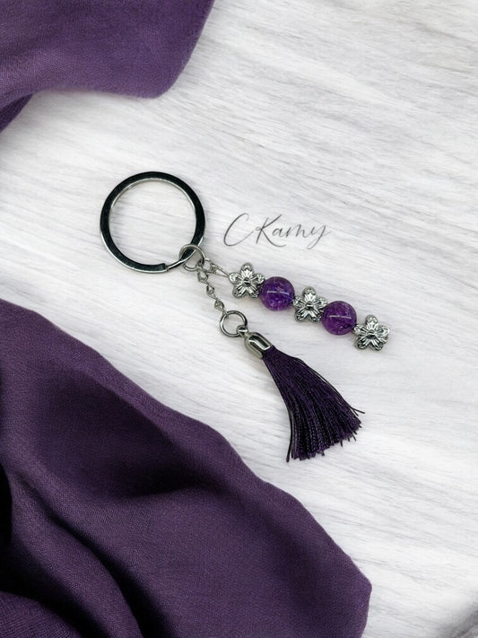 Porte clé personnalisé pompon fin violet foncé violet foncé craquelé