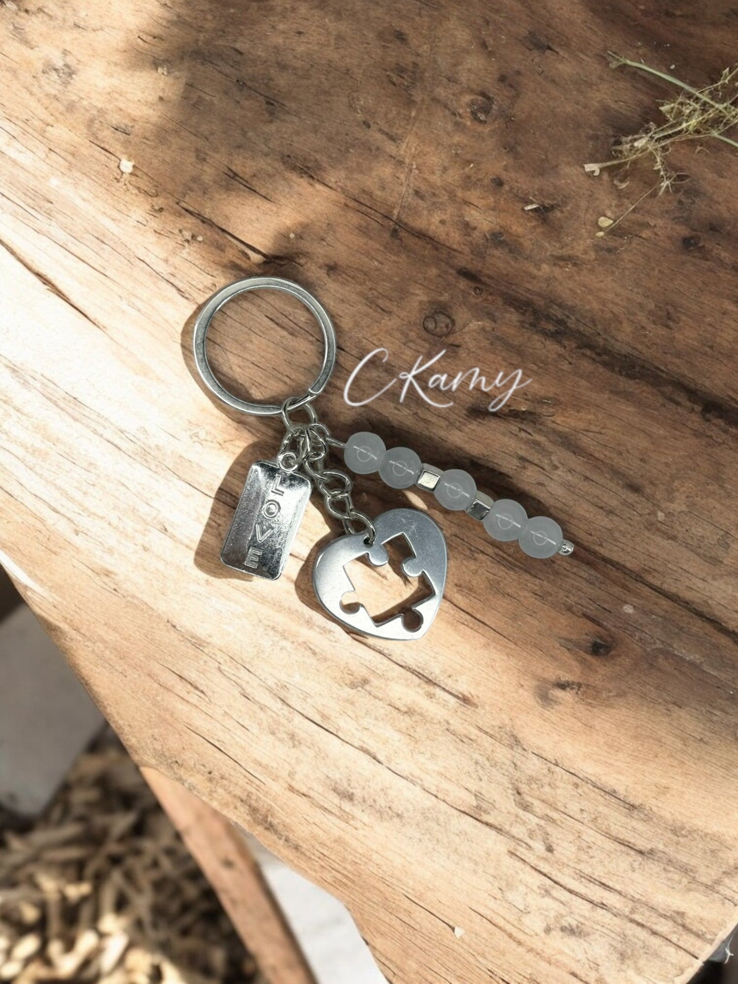 Porte clé personnalisé puzzle coeur gris