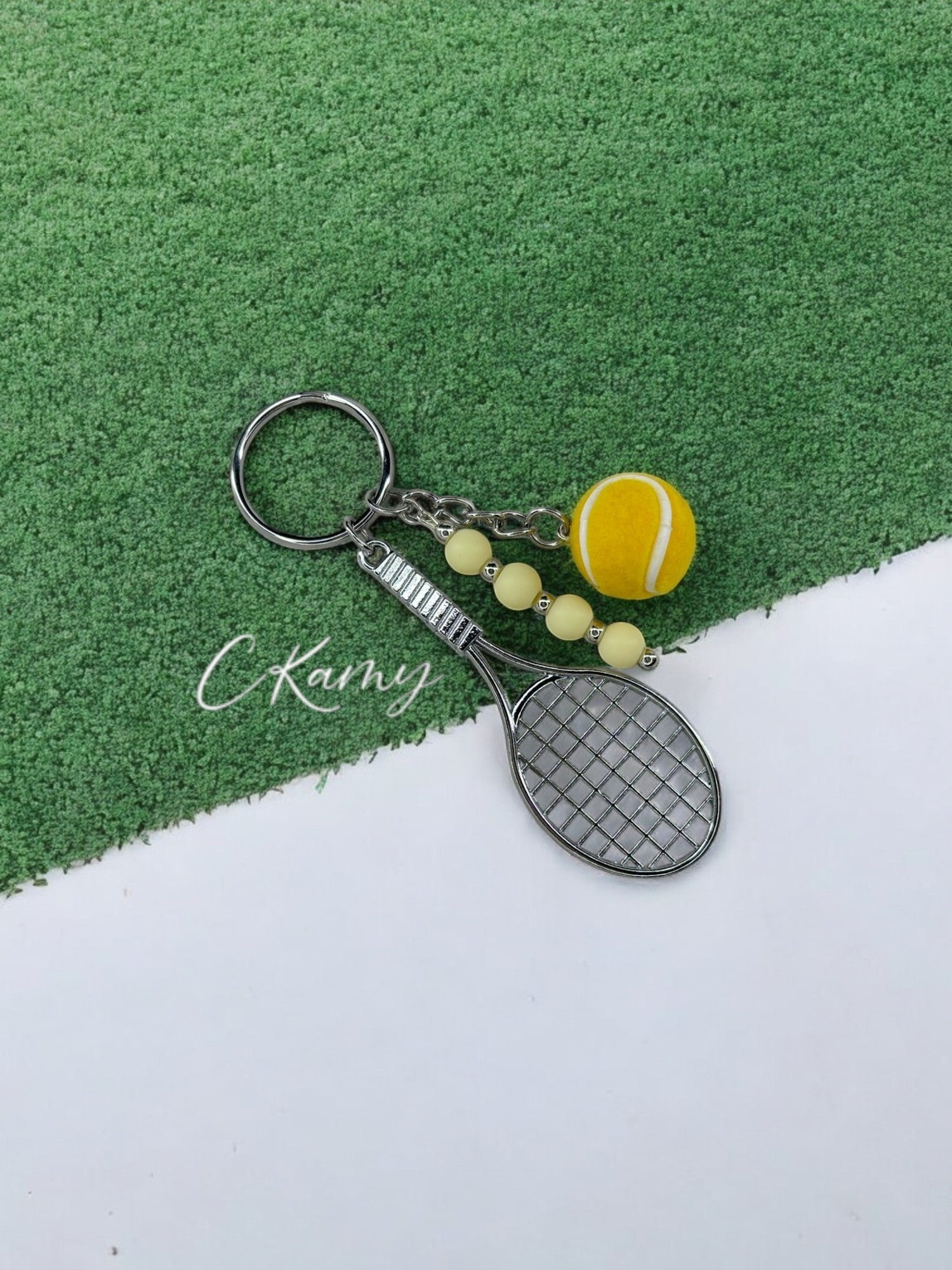 Porte clé personnalisé raquette tennis jaune orangé