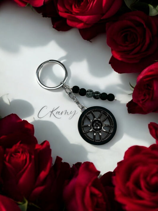Porte clé personnalisé roue noir grisé