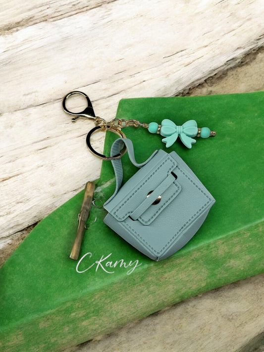 Porte clé personnalisé sac carré bleu vert