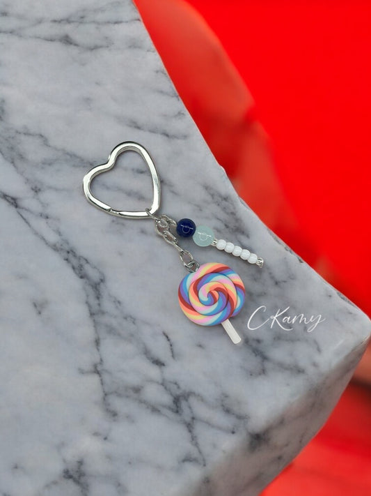 Porte clé personnalisé sucette bleu anneau coeur