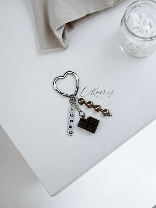 Porte clé personnalisé tablette chocolat marron anneau coeur