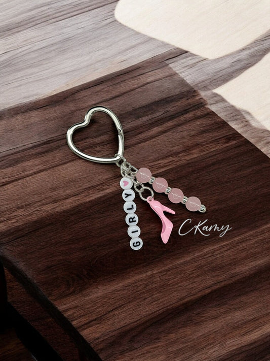 Porte clé personnalisé talon rose anneau coeur