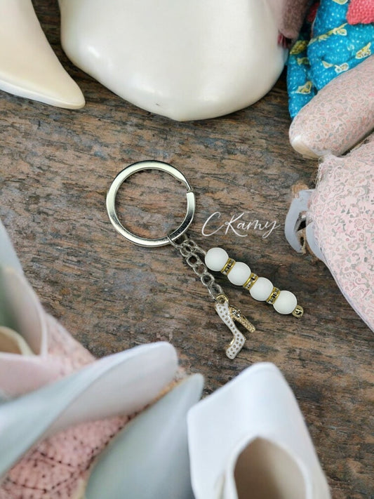 Porte clé personnalisé talon strass blanc mat anneau rond