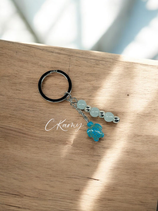 Porte clé personnalisé tortue bleu anneau rond