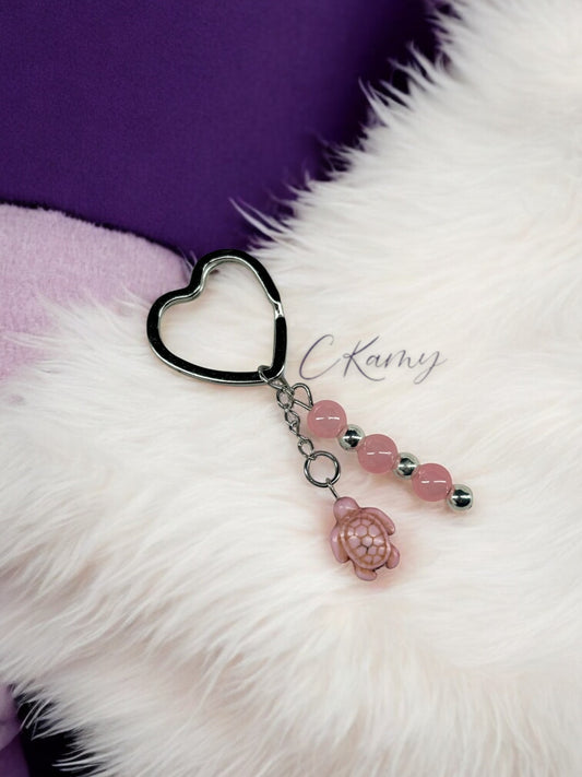 Porte clé personnalisé tortue rose anneau coeur