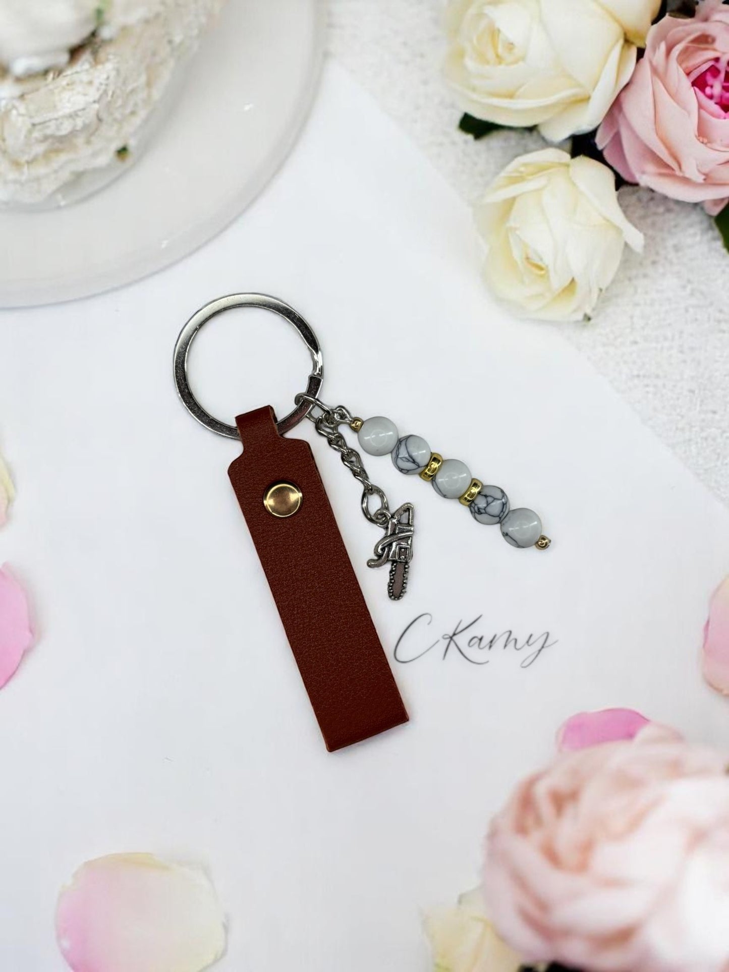 Porte clé personnalisé tronçonneuse blanc