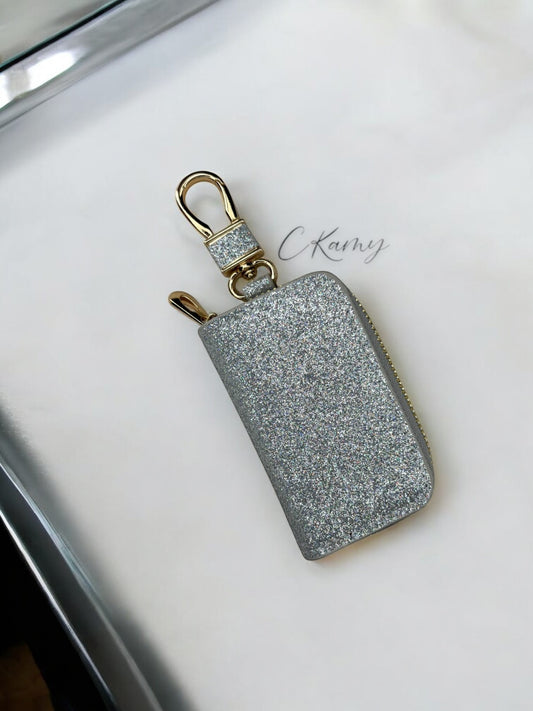 Porte clé pochette pour clé de voiture argent à paillettes
