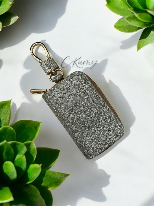 Porte clé pochette pour clé de voiture argent à paillettes doré