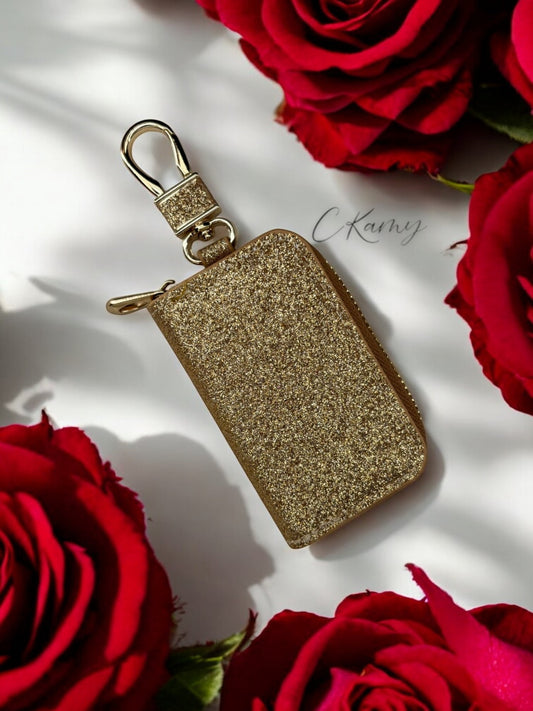 Porte clé pochette pour clé de voiture doré à paillettes