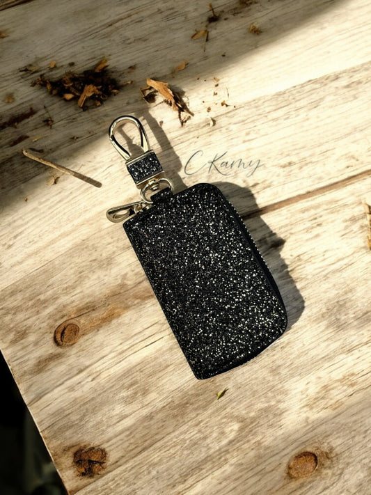 Porte clé pochette pour clé de voiture noir à paillettes doré