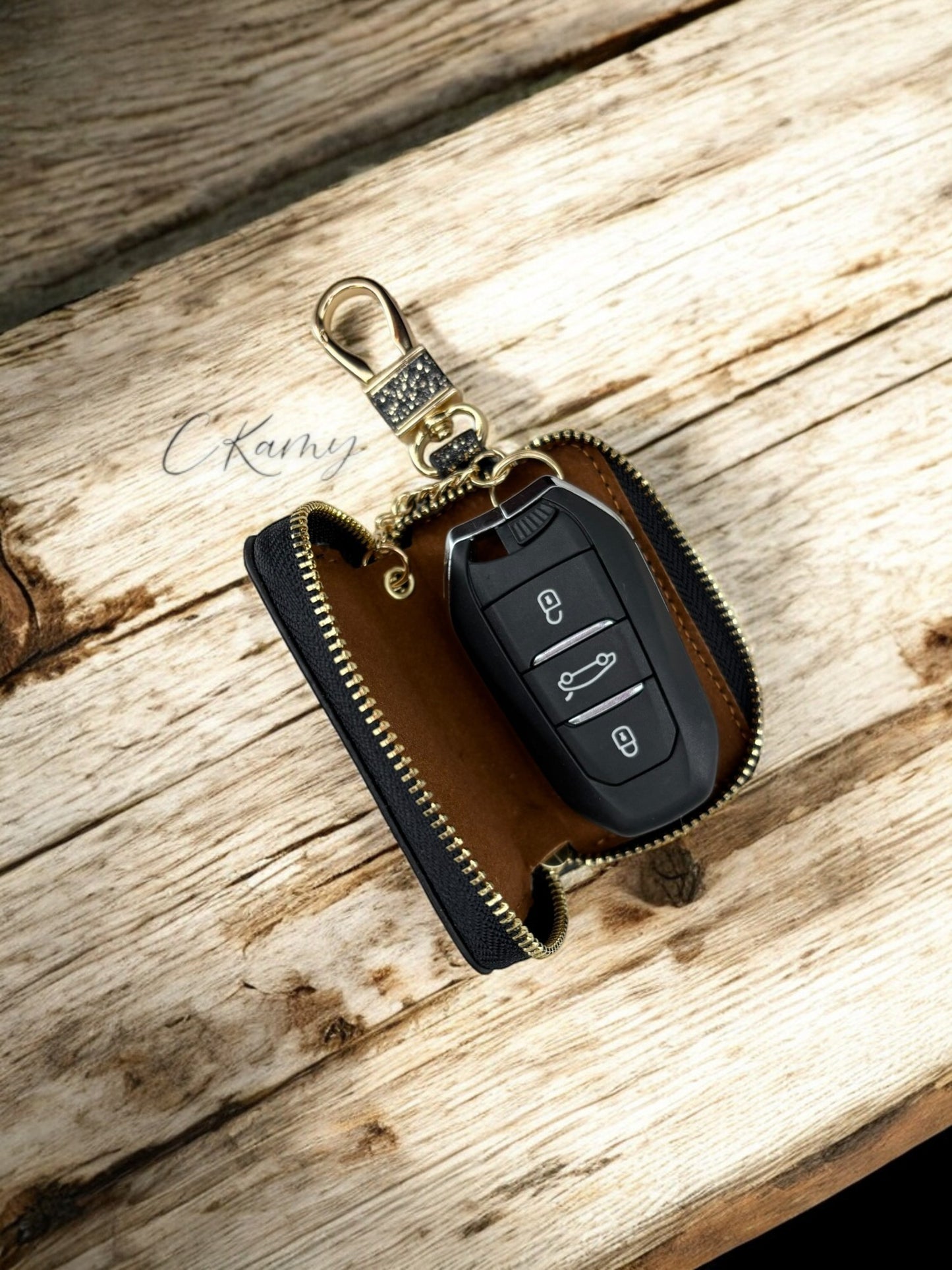 Porte clé pochette pour clé de voiture noir à paillettes doré