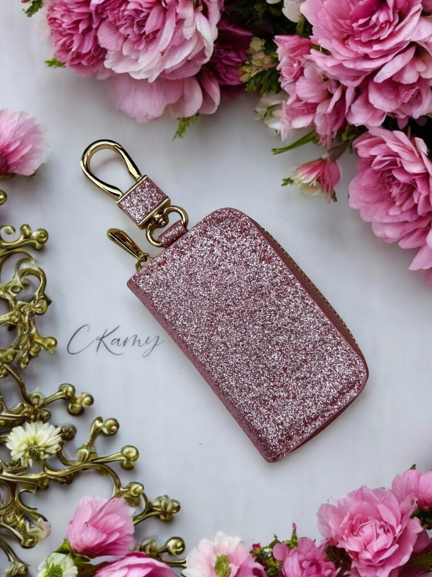 Porte clé pochette pour clé de voiture rose à paillettes