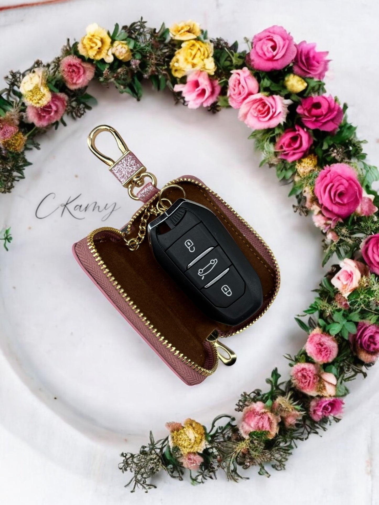 Porte clé pochette pour clé de voiture rose à paillettes