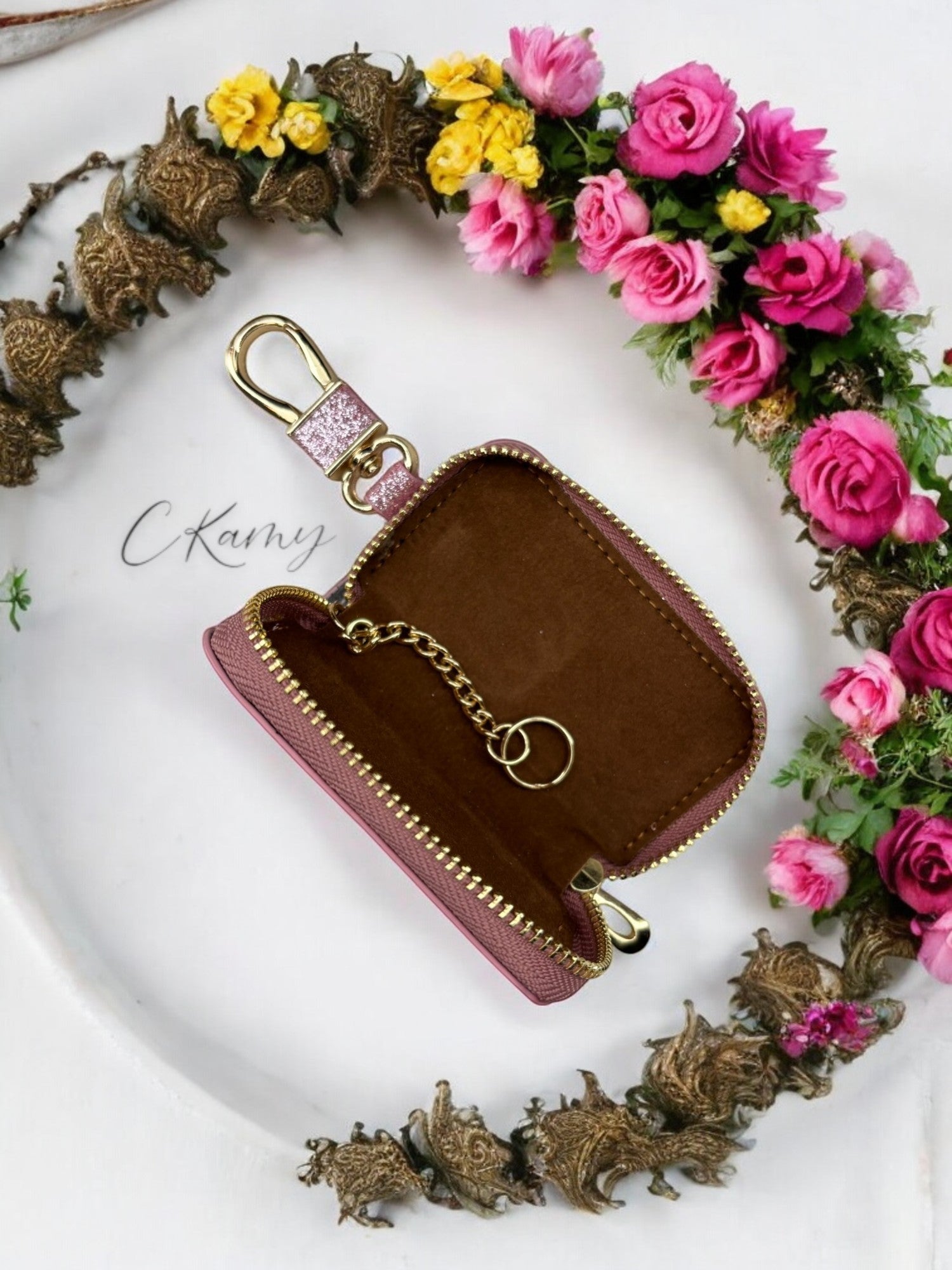 Porte clé pochette pour clé de voiture rose à paillettes