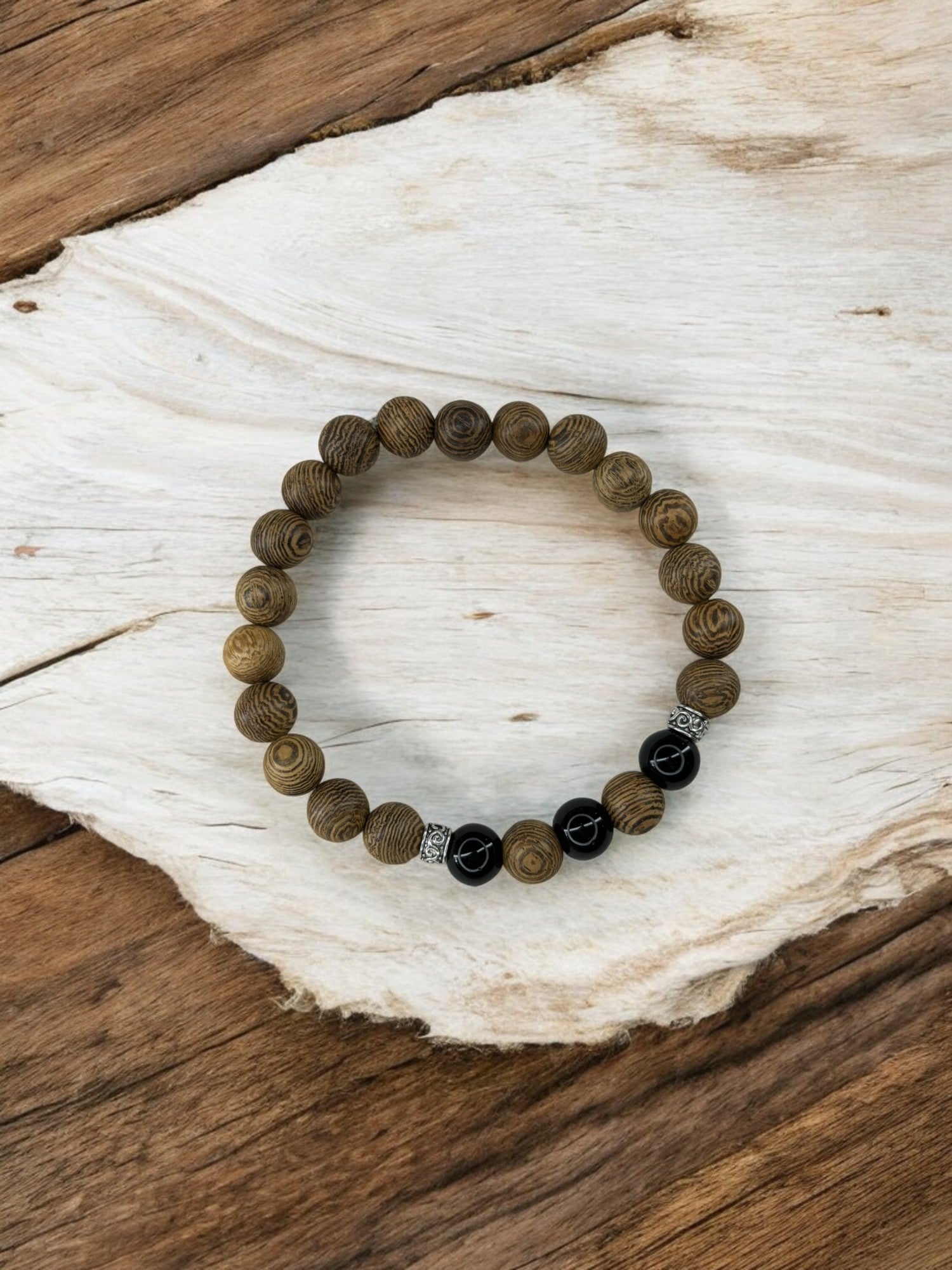 bracelet homme bois milieu alterné noir brillant