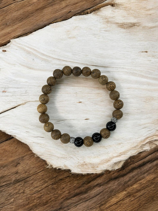 bracelet homme bois milieu alterné noir brillant